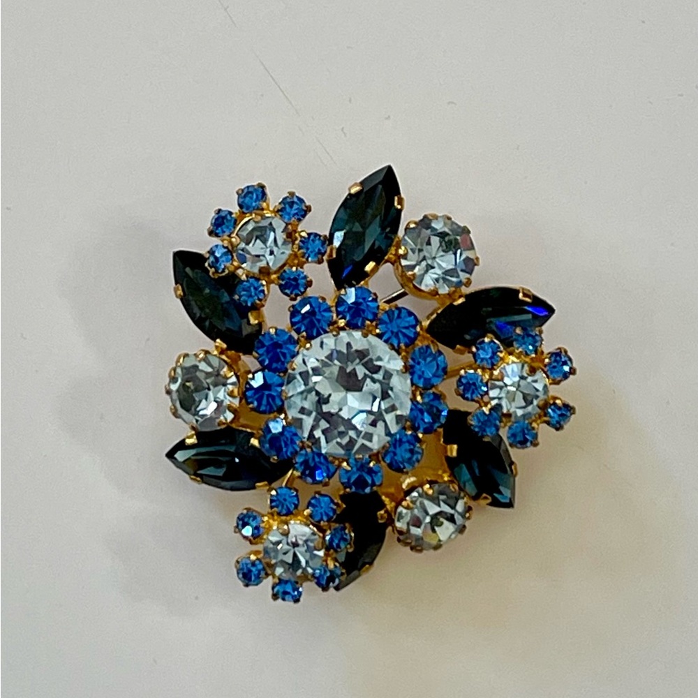 Vintage Austria Gold Tone Floral, Light and Dark Blue Rhinestone Brooch